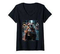 Women's Cool Bear Drinking Iced Coffee in City Street V-Neck T-Shirt