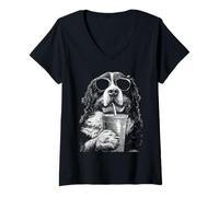 Women's Cool Bernese Drinking Iced Coffee Funny Dog Meme y2k Grunge V-Neck T-Shirt