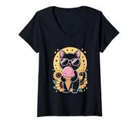 Womens Cool Black Cat with Ice Cream and Sunflower Vibes V-Neck T-Shirt