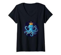 Womens Cool Blue Octopus with Crown Costume V-Neck T-Shirt
