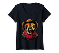 Womens Cool British Bulldog in Sunglasses Cowboy Dog Sunset Western V-Neck T-Shirt
