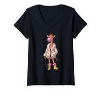 Women's Cool Bubblegum Giraffe in Fur Coat Street Style V-Neck T-Shirt