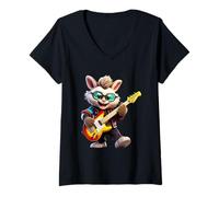 Women's Cool Bunny Playing Electric Guitar Rocker Musician V-Neck T-Shirt