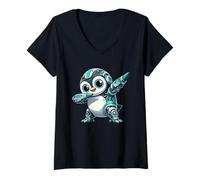 Womens Cool Cartoon Robot Penguin Astronaut Dabbing Mech V-Neck T-Shirt