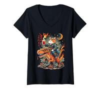 Women's Cool Cat Riding a T-Rex with Drink V-Neck T-Shirt