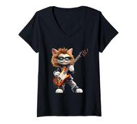 Women's Cool Cat Rock Star Playing Electric Guitar V-Neck T-Shirt