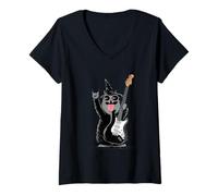 Women's Cool Cat Wizard with Electric Guitar Funny Retro Design V-Neck T-Shirt