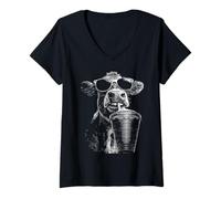 Women's Cool Cow Drinking Iced Coffee Funny Animal Meme y2k Grunge V-Neck T-Shirt
