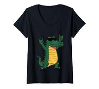 Women's Cool Crocodile Rock On Retro Style Funny Reptile Design V-Neck T-Shirt