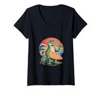 Women's Cool Crocodile Surfer Sunset Ocean Vibes Retro V-Neck T-Shirt