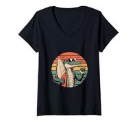 Women's Cool Crocodile Surfer Sunset Ocean Vibes Retro V-Neck T-Shirt
