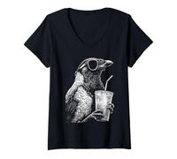 Women's Cool Crow Drinking Iced Coffee Funny Animal Meme y2k Grunge V-Neck T-Shirt