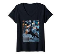 Women's Cool Crow Drinking Iced Coffee Urban Night Street V-Neck T-Shirt