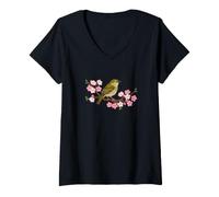 Women's Cool Cute Japanese Bush Warbler Cherry Blossoms Tree Bird V-Neck T-Shirt