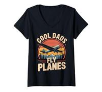 Womens Cool Dads Fly Planes Funny Pilot Dad Father's Day Aviation V-Neck T-Shirt