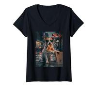 Women's Cool Dog Pizza Nocturne Night Dog V-Neck T-Shirt