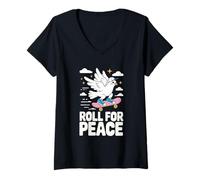 Womens Cool Dove on Skateboard Cartoon Promoting Peace V-Neck T-Shirt
