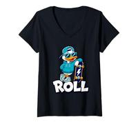 Women's Cool Duck Skateboard Roll Graphic V-Neck T-Shirt