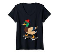 Women's Cool Duck Skateboarder with Red Hat Fun V-Neck T-Shirt