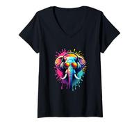 Womens Cool Elephant with Headphones Retro Splash V-Neck T-Shirt