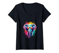 Womens Cool Elephant with Headphones Retro Splash V-Neck T-Shirt