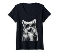 Women's Cool Fox Drinking Iced Coffee Funny Animal Meme y2k Grunge V-Neck T-Shirt