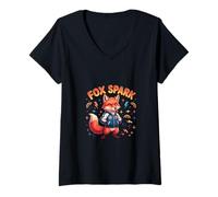 Women's Cool Fox Energy Cartoon Animal Character V-Neck T-Shirt