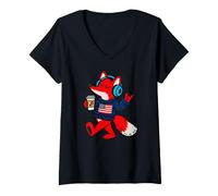 Women's Cool Fox Headphones Coffee American Flag Music Art V-Neck T-Shirt