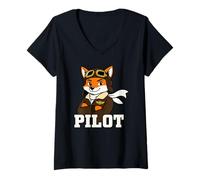 Women's Cool Fox Pilot Aviation Animal Graphic V-Neck T-Shirt