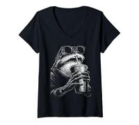 Women's Cool Frog Drinking Iced Coffee Funny Animal Meme y2k Grunge V-Neck T-Shirt