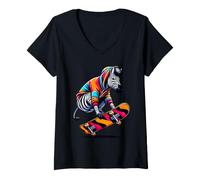 Women's Cool Funky Zebra Skateboarding Illustration Art V-Neck T-Shirt