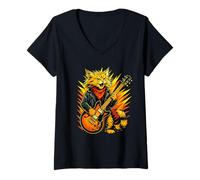 Womens Cool Funny Guitar Cat Music Hero With Spikes And Bandana V-Neck T-Shirt
