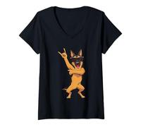 Women's Cool German Shepherd Rock Hand Sign Punk Dog Graphic with V-Neck T-Shirt