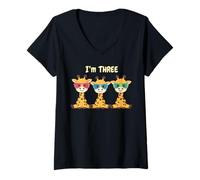 Womens Cool Giraffe 3rd Birthday Party 3 Year Old Toddler I'm Three V-Neck T-Shirt
