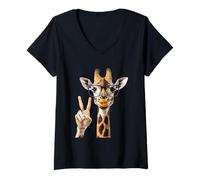 Womens Cool Giraffe Peace Sign Glasses Funny Style V-Neck T-Shirt