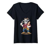 Women's Cool Goat Carpenter Lumberjack Builder Cartoon V-Neck T-Shirt