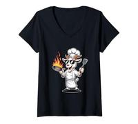 Women's Cool Goat Chef with Pan Fire Grill Cooking V-Neck T-Shirt