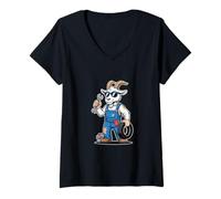 Women's Cool Goat Mechanic with Wrench and Tire Garage V-Neck T-Shirt
