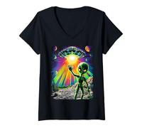 Womens Cool Green Alien Extra Terrestrial Graphic V-Neck T-Shirt