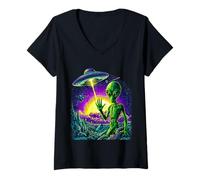 Womens Cool Green Alien Extra Terrestrial Graphic V-Neck T-Shirt