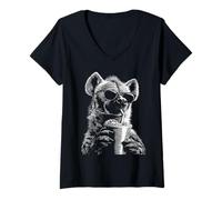 Women's Cool Hyena Drinking Iced Coffee Funny Animal Meme y2k Grunge V-Neck T-Shirt