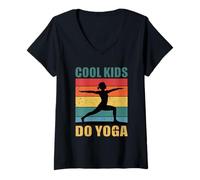 Women's Cool Kids Do Yoga Retro Sunset Warrior Pose V-Neck T-Shirt