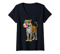 Women's Cool Leopard in Heart Shaped Sunglasses Bubble Gum V-Neck T-Shirt