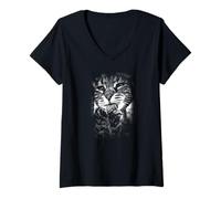 Women's Cool Licking Cat Portrait Funny Kitty Face V-Neck T-Shirt