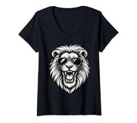 Womens Cool Lion Head Wearing Sunglasses Black and White Vector Art V-Neck T-Shirt