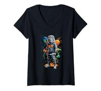 Womens Cool lion in a casual hip hop outfit with color bombs V-Neck T-Shirt