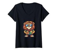 Women's Cool Lion Summer Vibes Comic V-Neck T-Shirt