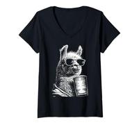 Women's Cool Llama Drinking Iced Coffee Funny Animal Meme y2k Grunge V-Neck T-Shirt