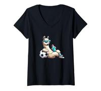 Womens Cool Llama Soccer Player with Sunglasses and Water Bottle V-Neck T-Shirt