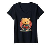Womens Cool looking Teddy Bear in Japanese Clothe for Kimono Lovers V-Neck T-Shirt